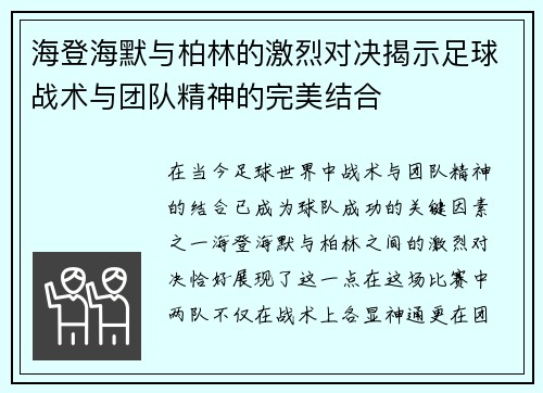 海登海默与柏林的激烈对决揭示足球战术与团队精神的完美结合